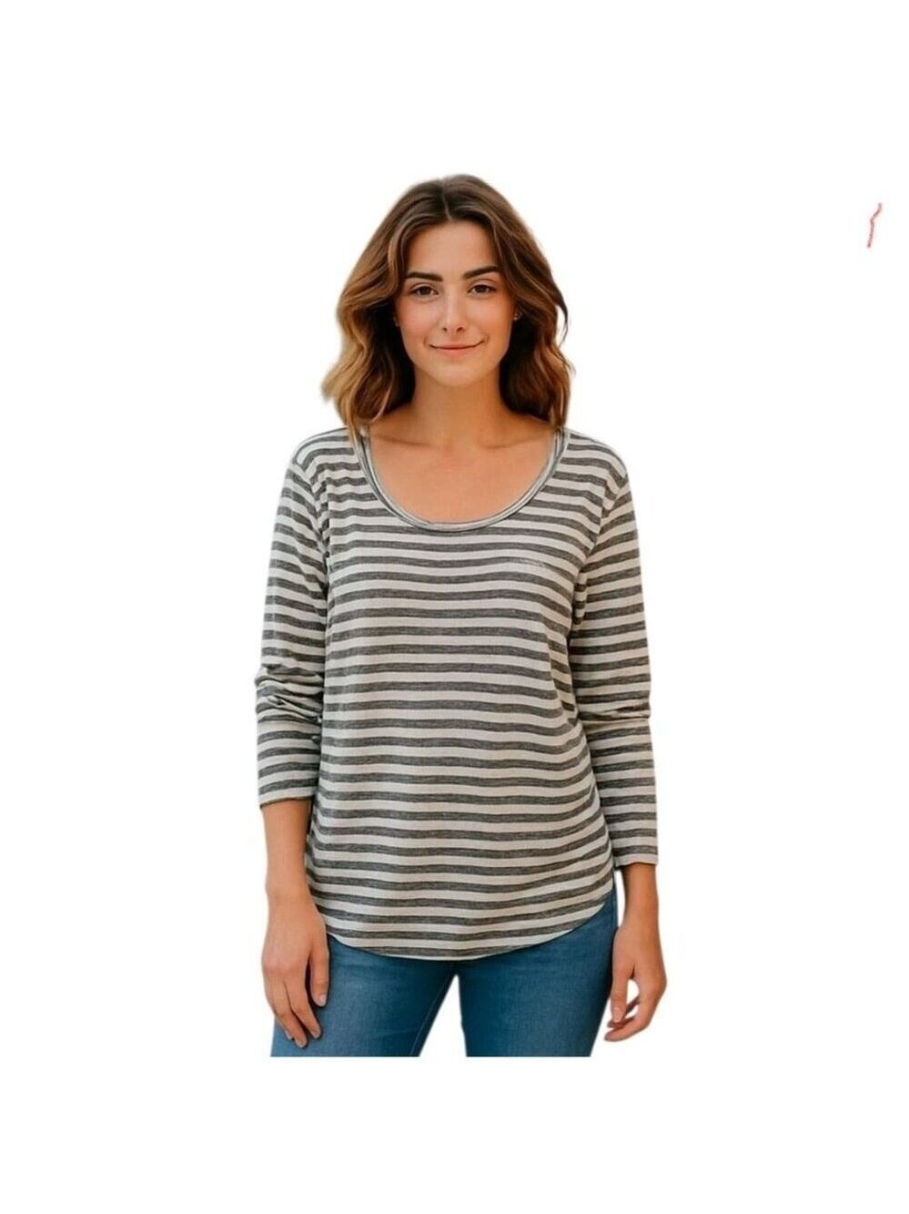 Vintage Sinuous Cream Striped Scoop Neck Long Sleeve Pullover Top Women Size L